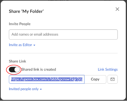 A screenshot highlighting the position of the shared link toggle mentioned.