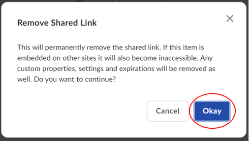 A screenshot highlighting the Okay button in the remove shared link dialog box.