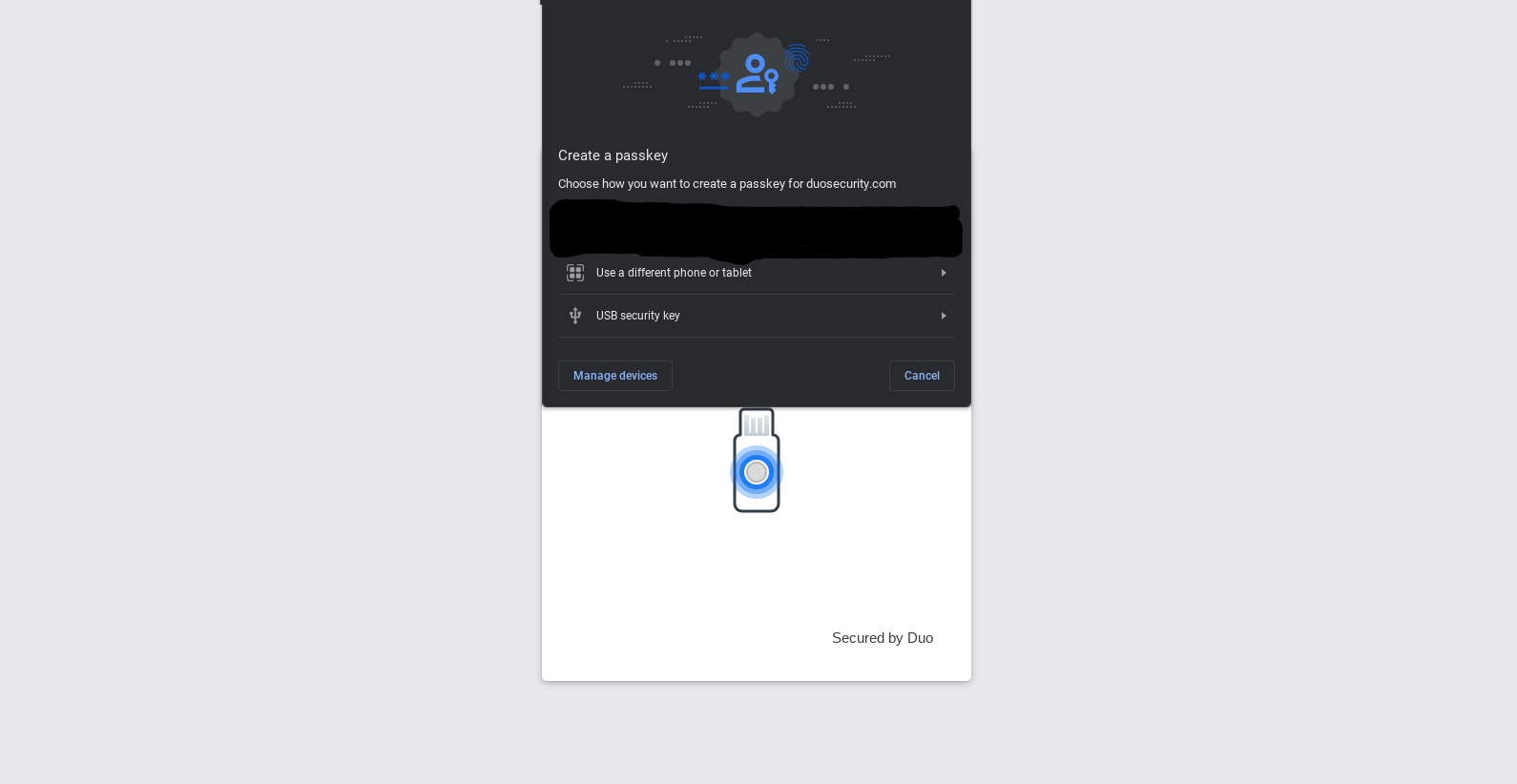 Duo create a security key screen
