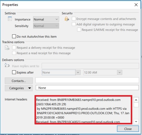 Image of Office 365 email for Windows - Internet Headers 